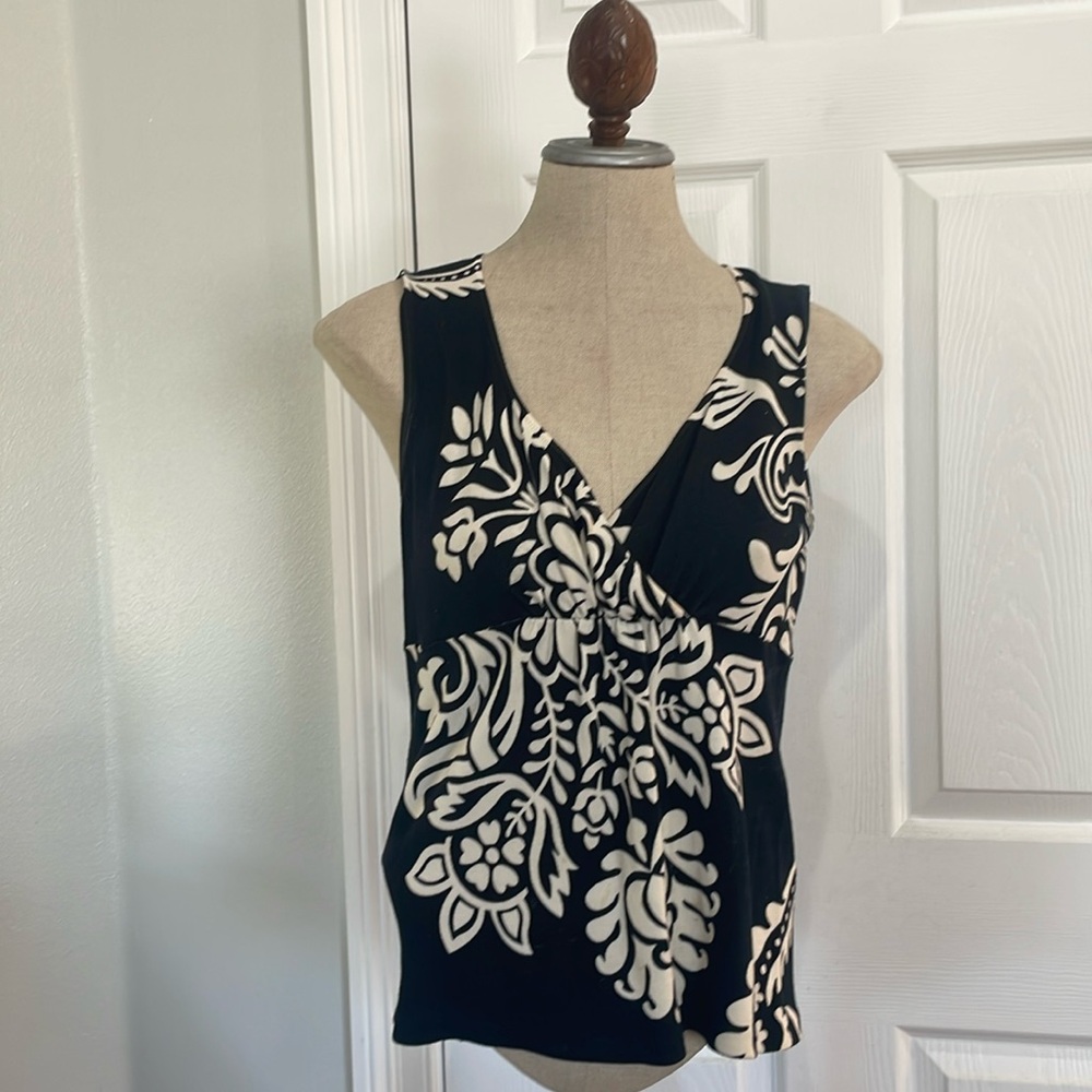 Ann Taylor Tunic Top Sleeveless Floral Flowers, Stretch Black White Women Size S